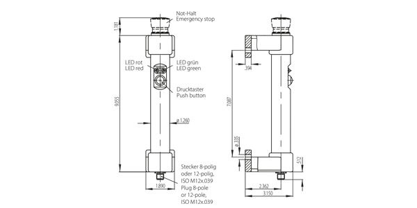 Technical drawing showing front and side views of FG16 handle with emergency stop, push button, red and green LEDs, plug connector, and dimensional measurements